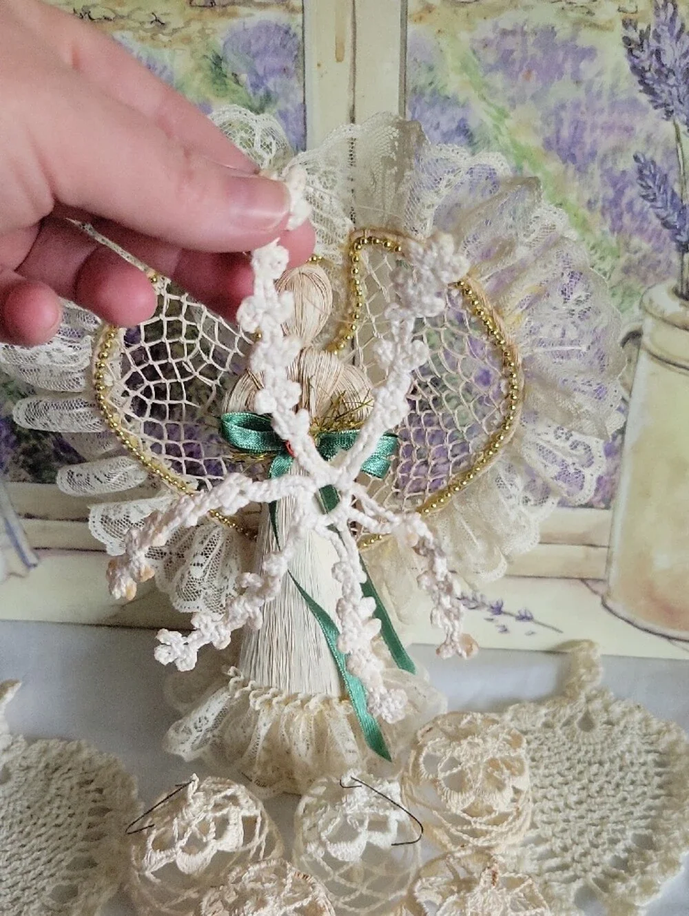 Handmade Corn Husk Angel Figurine & Crochet Lace Ornaments Doilies Lot
